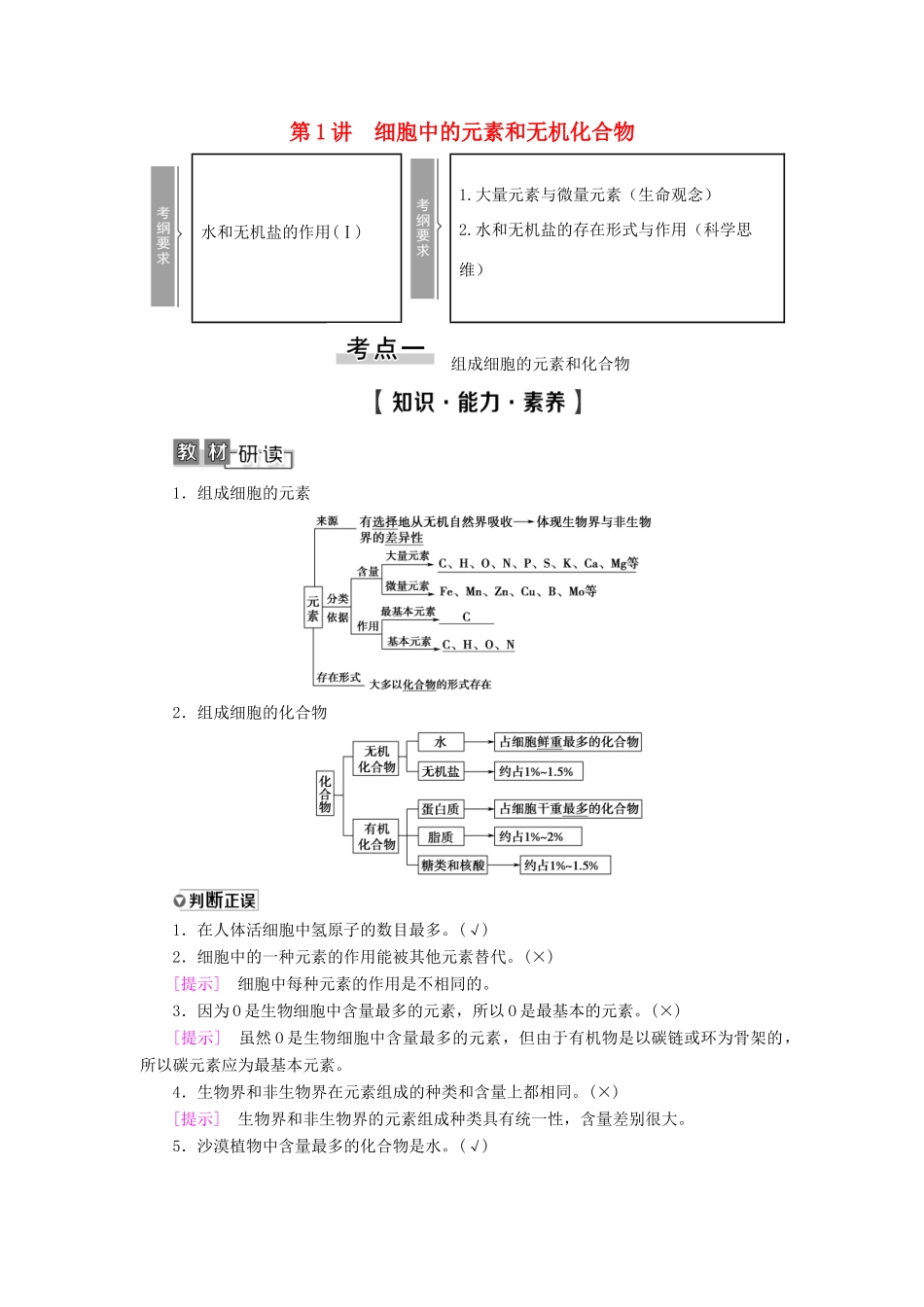 高考生物一轮复习 第1单元 细胞的化学组成 第1讲 细胞中的元素和无机化合物学案 苏教版必修1-苏教版高三必修1生物学案_第1页
