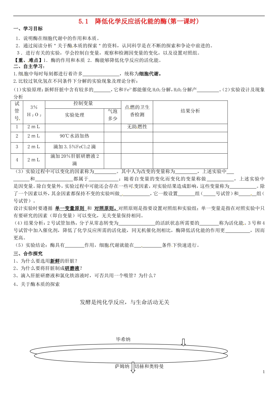 高中生物 5.1降低化学反应活化能的酶（第1课时）学案 新人教版必修1-新人教版高一必修1生物学案_第1页