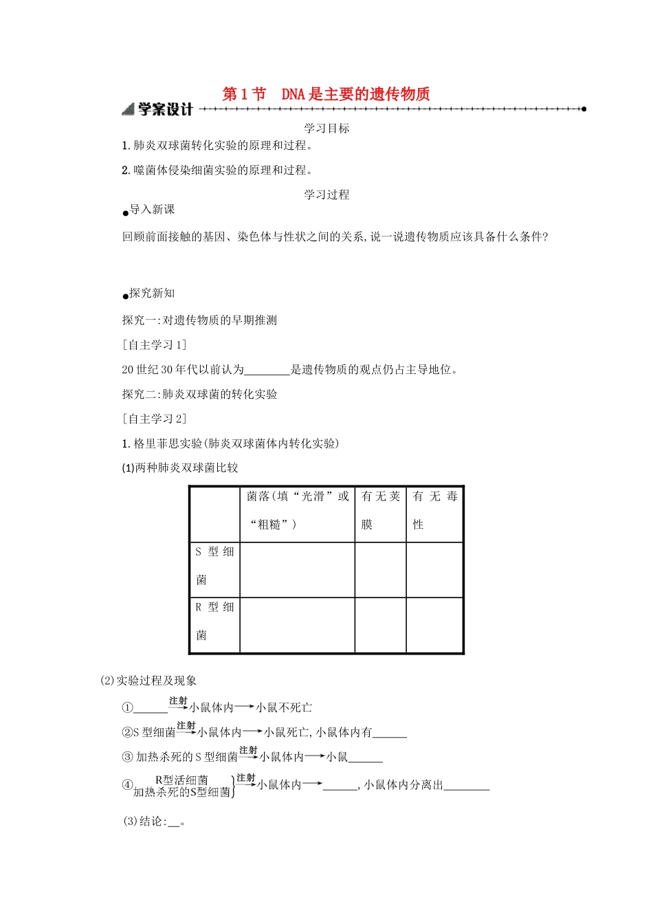 高中生物 3.1 DNA是主要的遗传物质学案设计 新人教版必修2-新人教版高一必修2生物学案_第1页