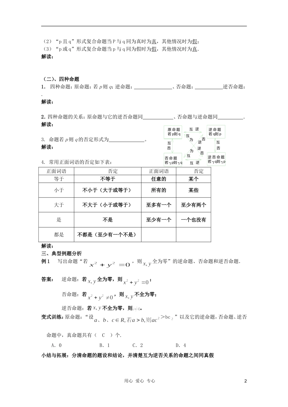 北京第十八中学高三数学第一轮复习 11 常用逻辑用语教学案（教师版）_第2页