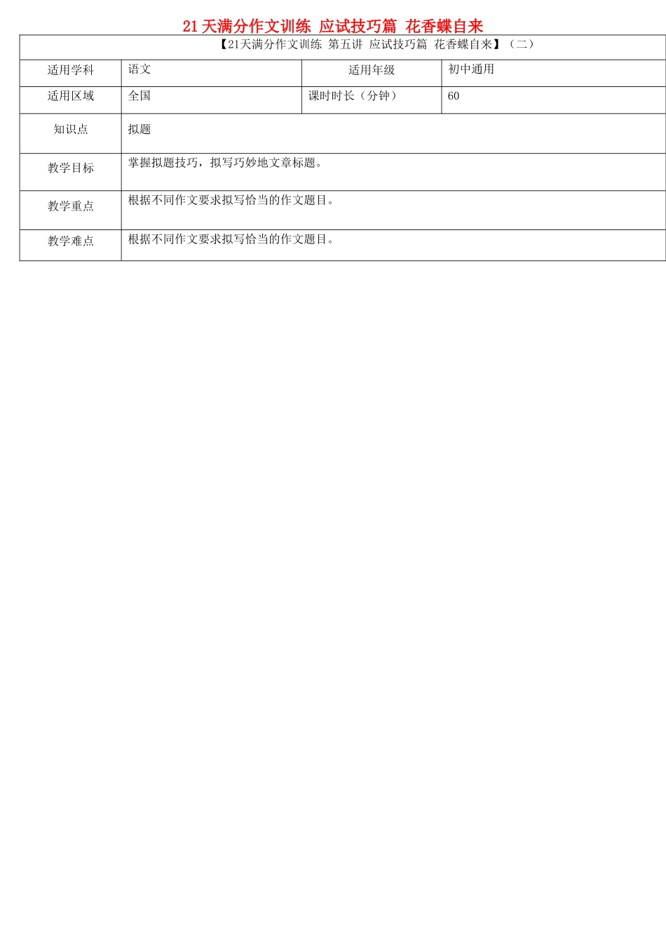 中考语文专题复习 21天满分作文训练 应试技巧篇 花香蝶自来教案-人教版初中九年级全册语文教案_第1页