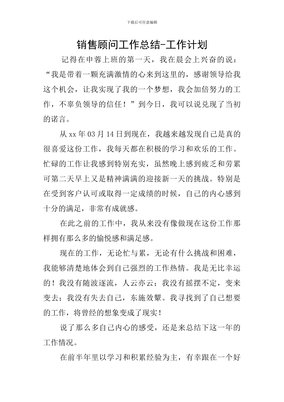 销售顾问工作总结-工作计划_第1页