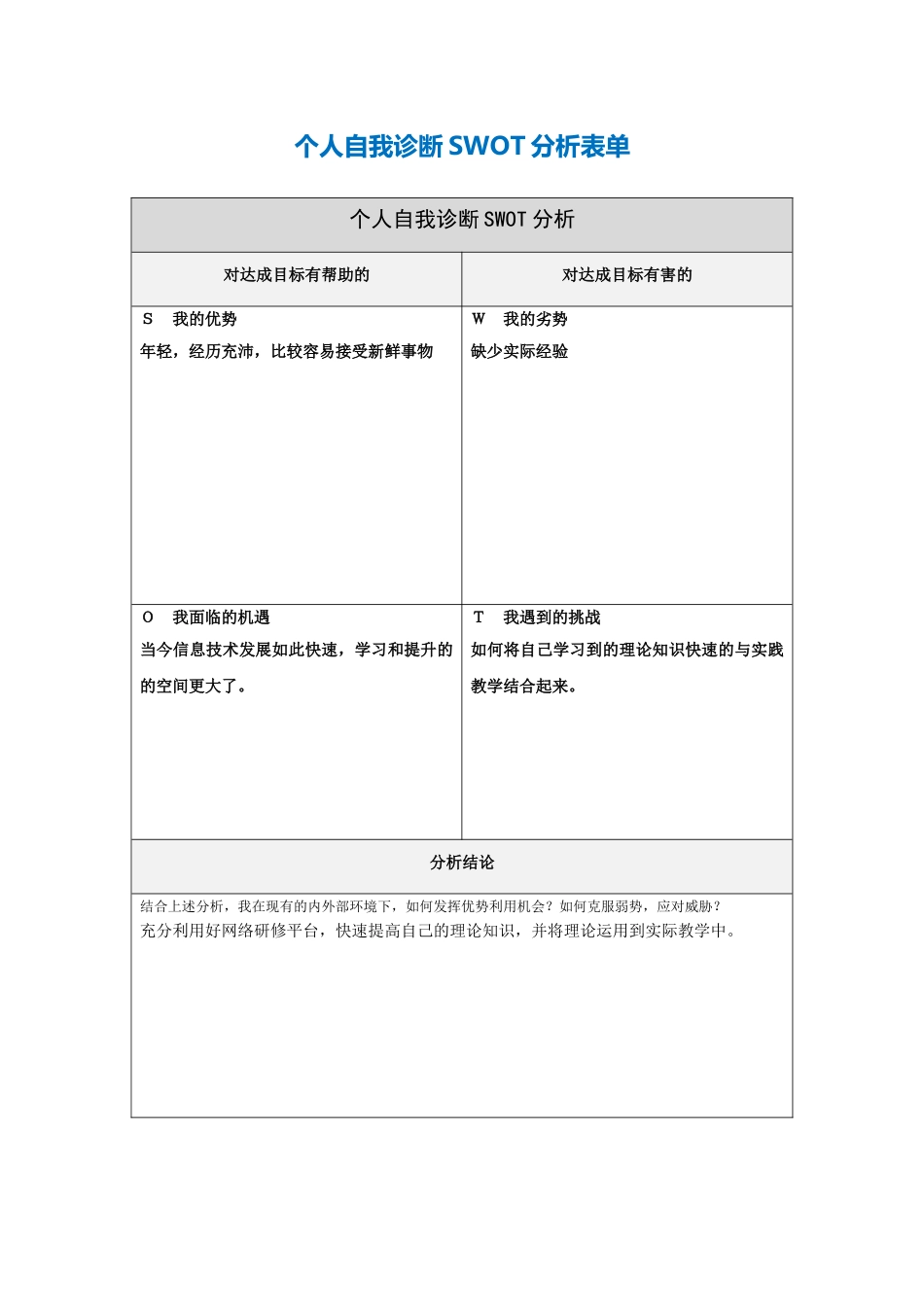 高水生第一步骤所需文档：个人自我诊断SWOT分析表_第1页