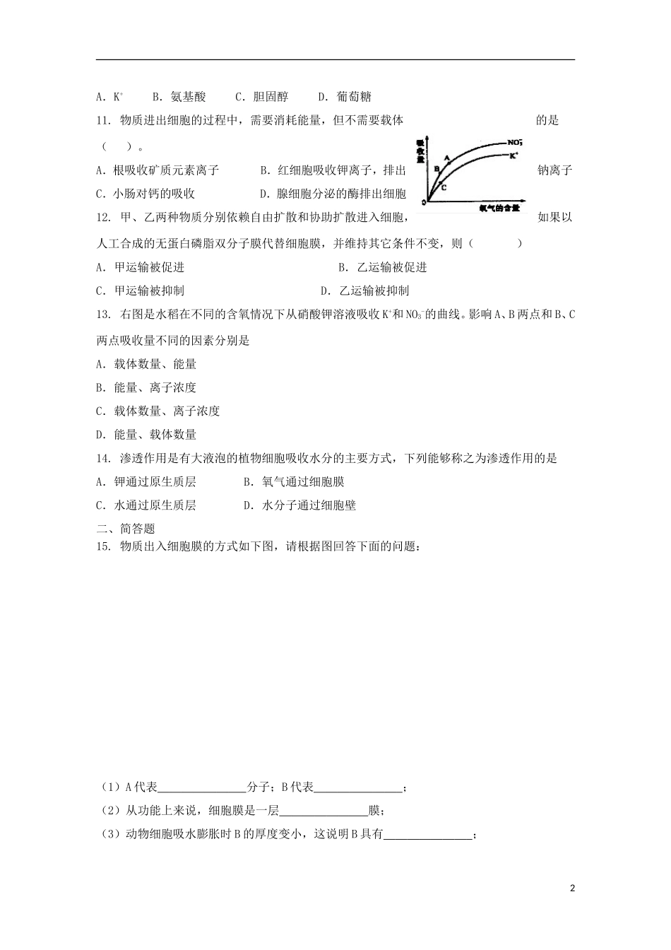 高中生物 4.3物质跨膜运输的方式课时训练6 新人教版必修1_第2页