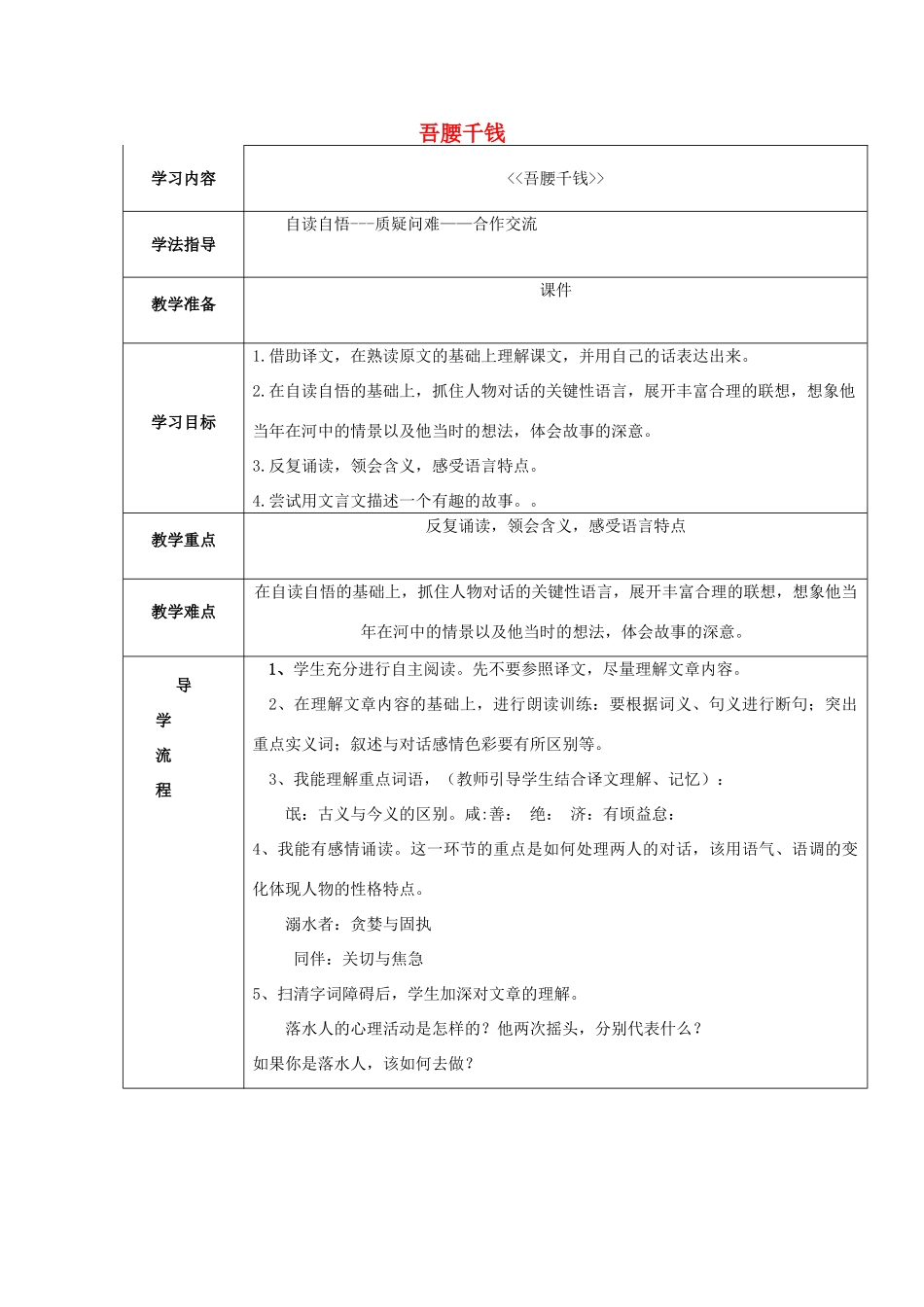 春六年级语文下册《吾腰千钱》教案 北师大版-北师大版小学六年级下册语文教案_第1页