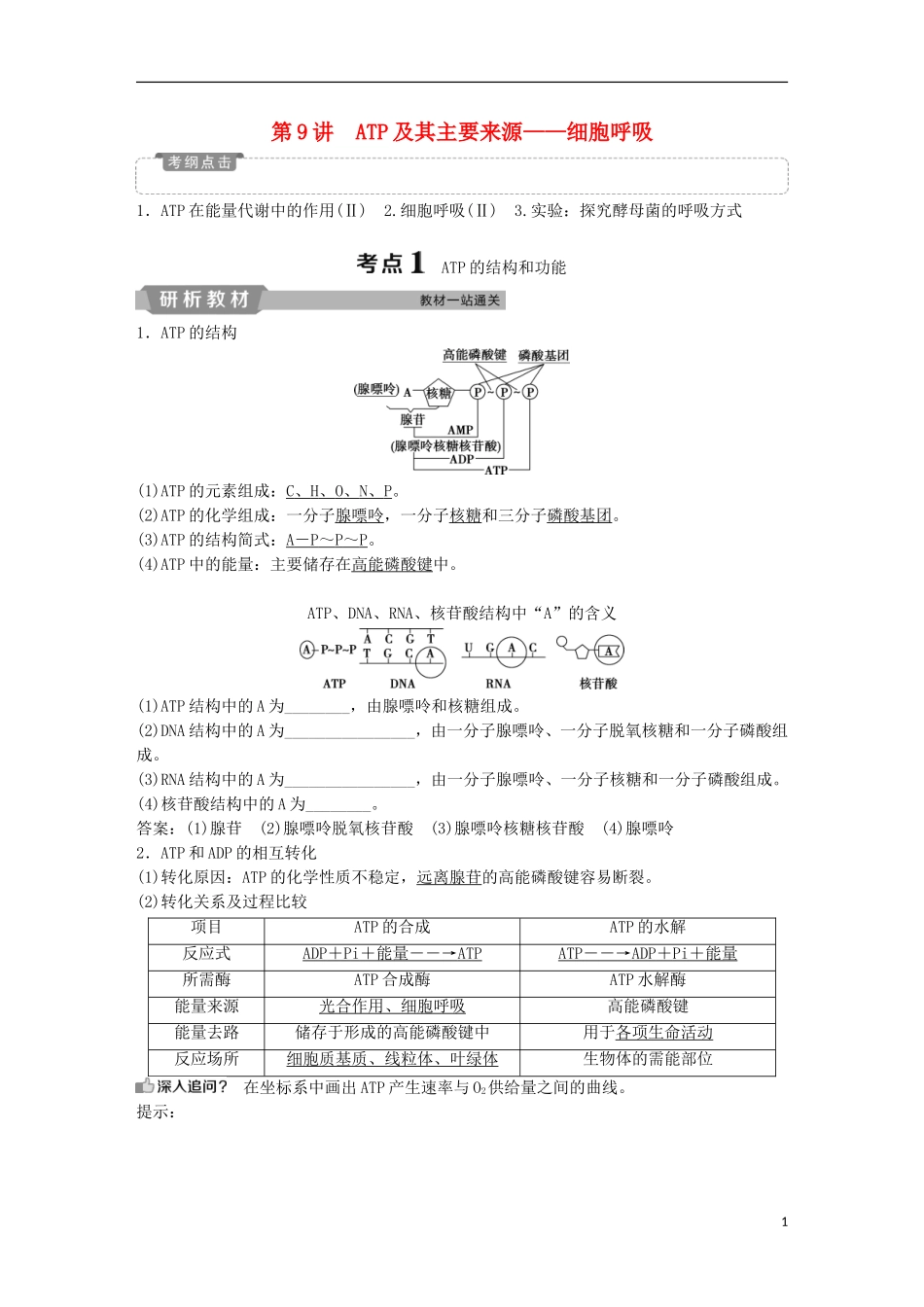 高考生物一轮复习 第三单元 细胞的能量供应和利用 第9讲 ATP及其主要来源——细胞呼吸学案-人教版高三全册生物学案_第1页