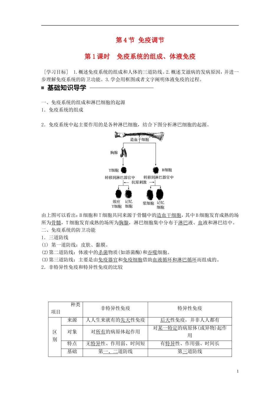 高中生物 第2章 动物和人体生命活动的调节 第4节 免疫调节 第1课时 免疫系统的组成、体液免疫学案 新人教版必修3-新人教版高二必修3生物学案_第1页