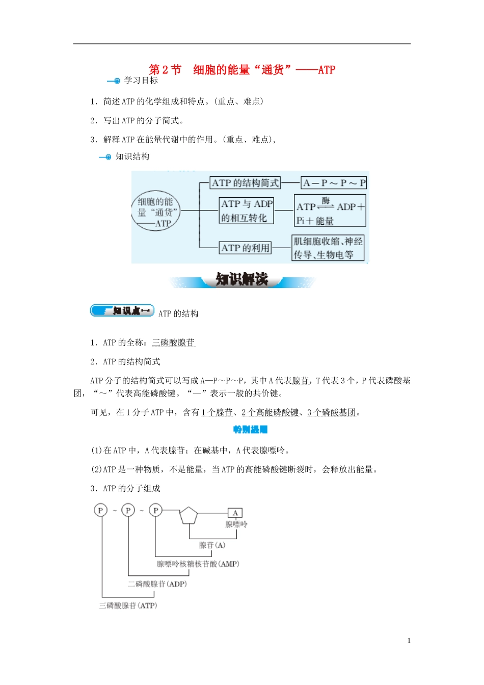 高中生物 第5章 第2节 细胞的能量“通货”-ATP学案 新人教版必修1-新人教版高一必修1生物学案_第1页