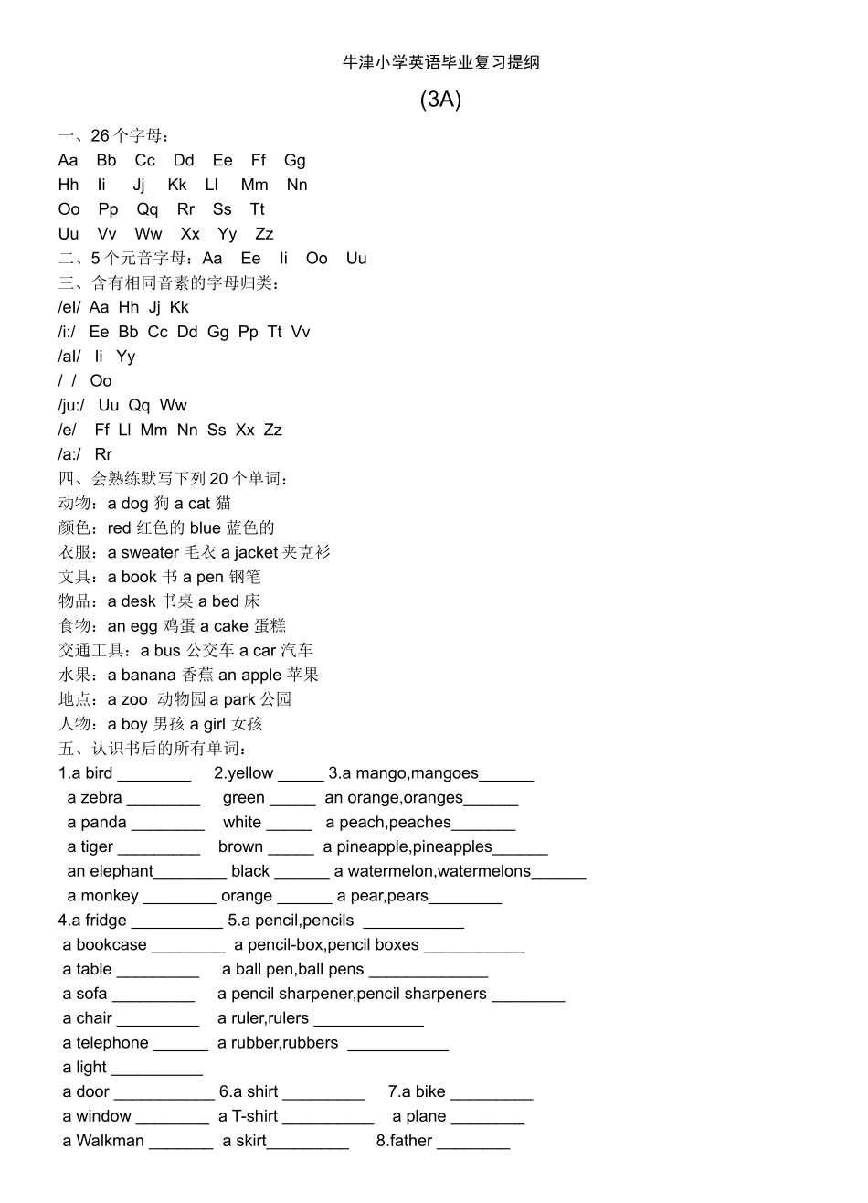 牛津小学英语毕业复习提纲_第1页