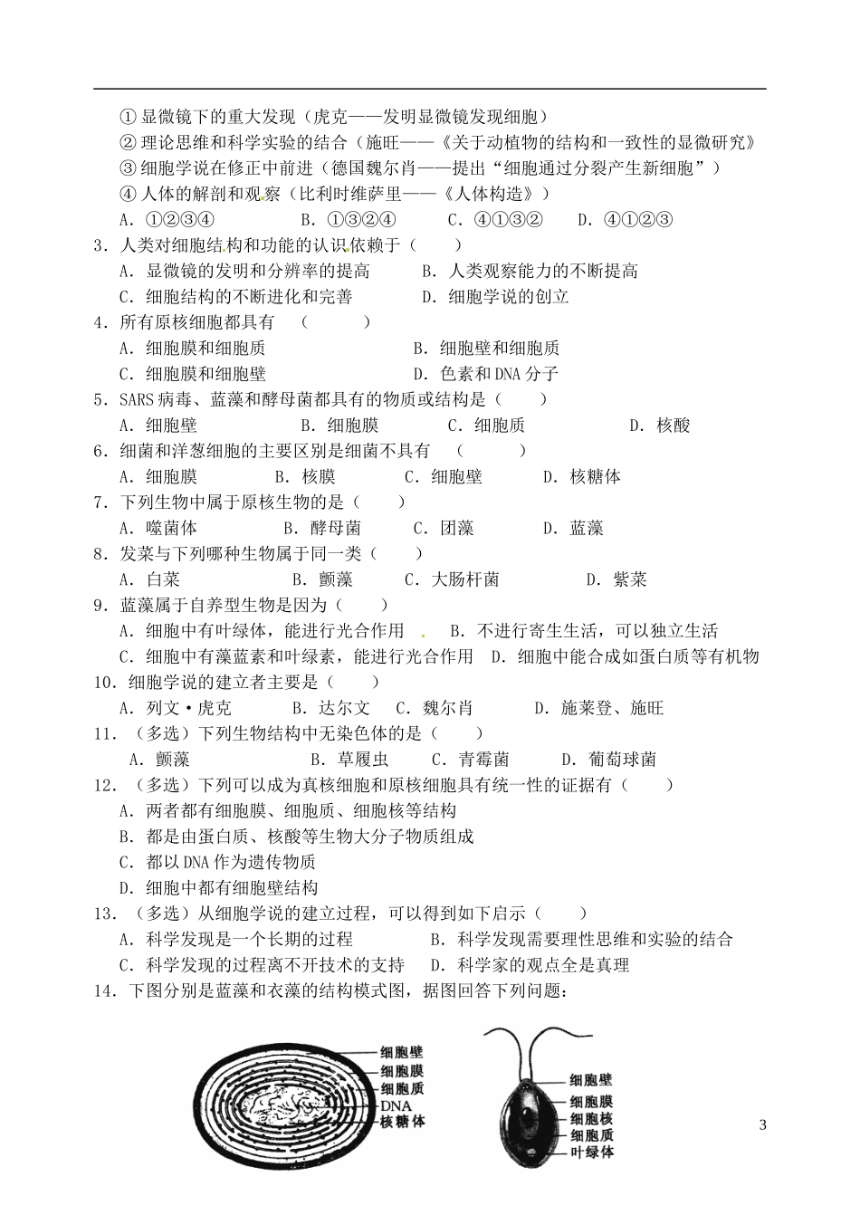 福建省泉州市第十五中学高中生物《第1章 第2节 细胞的多样性和统一性（第2课时）》导学案 新人教版必修1_第3页