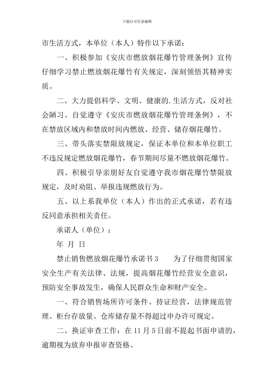 禁止销售燃放烟花爆竹承诺书_第2页