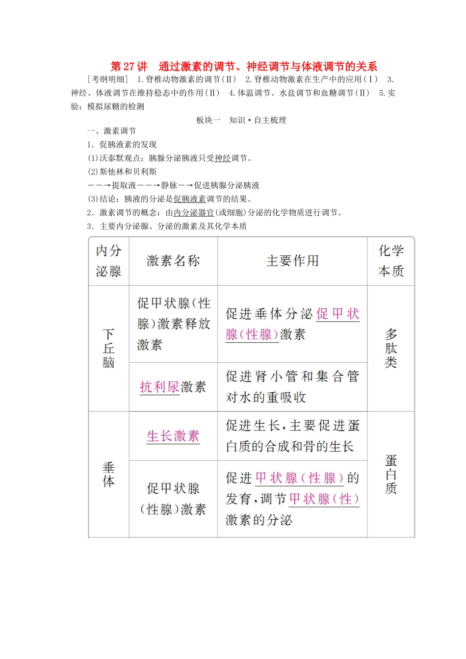 （全国版）高考生物一轮复习 第27讲 通过激素的调节、神经调节与体液调节的关系培优学案-人教版高三全册生物学案_第1页