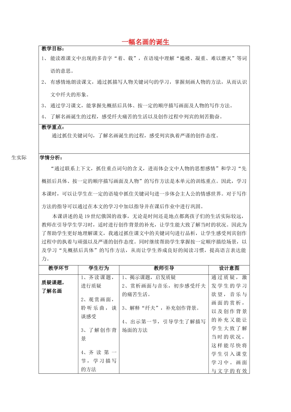 春四年级语文下册《一幅名画的诞生》教案 沪教版-沪教版小学四年级下册语文教案_第1页