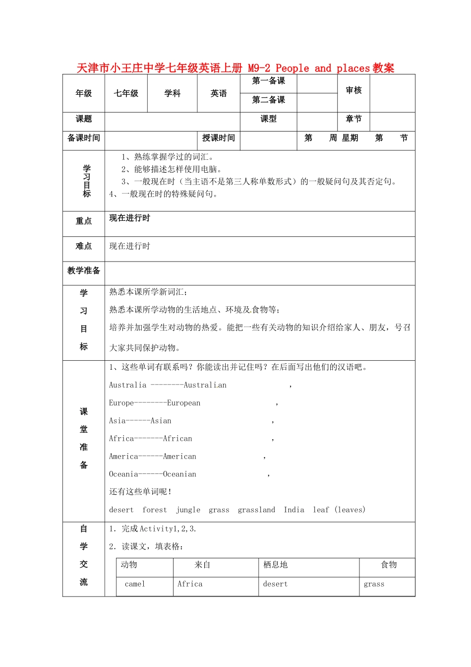 天津市小王庄中学七年级英语上册 M9-2 People and places教案 （新版）外研版_第1页