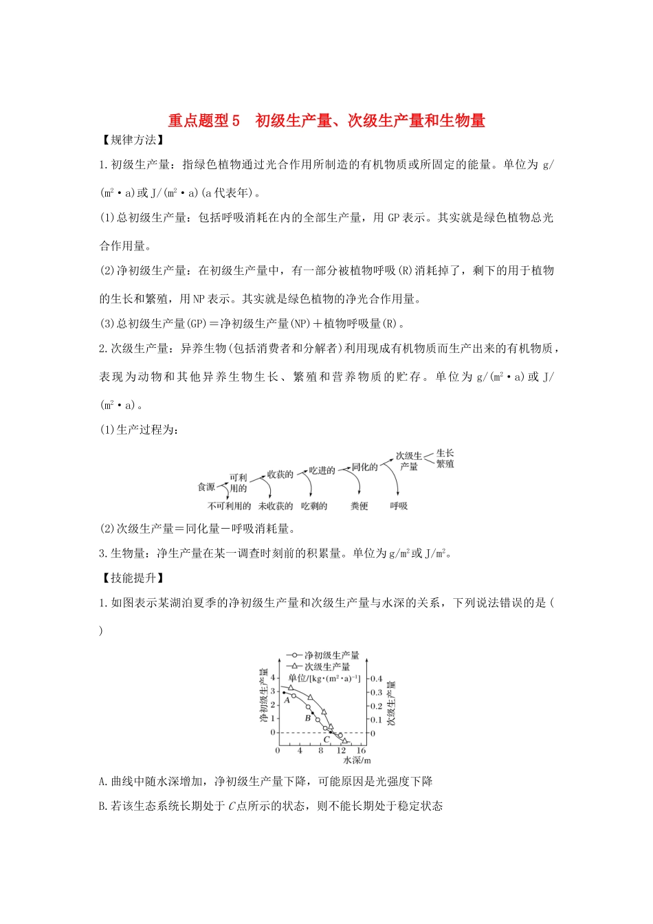 高考生物总复习 第一部分 非选择题必考五大专题 专题三 生物与环境 重点题型5 初级生产量、次级生产量和生物量学案-人教版高三全册生物学案_第1页
