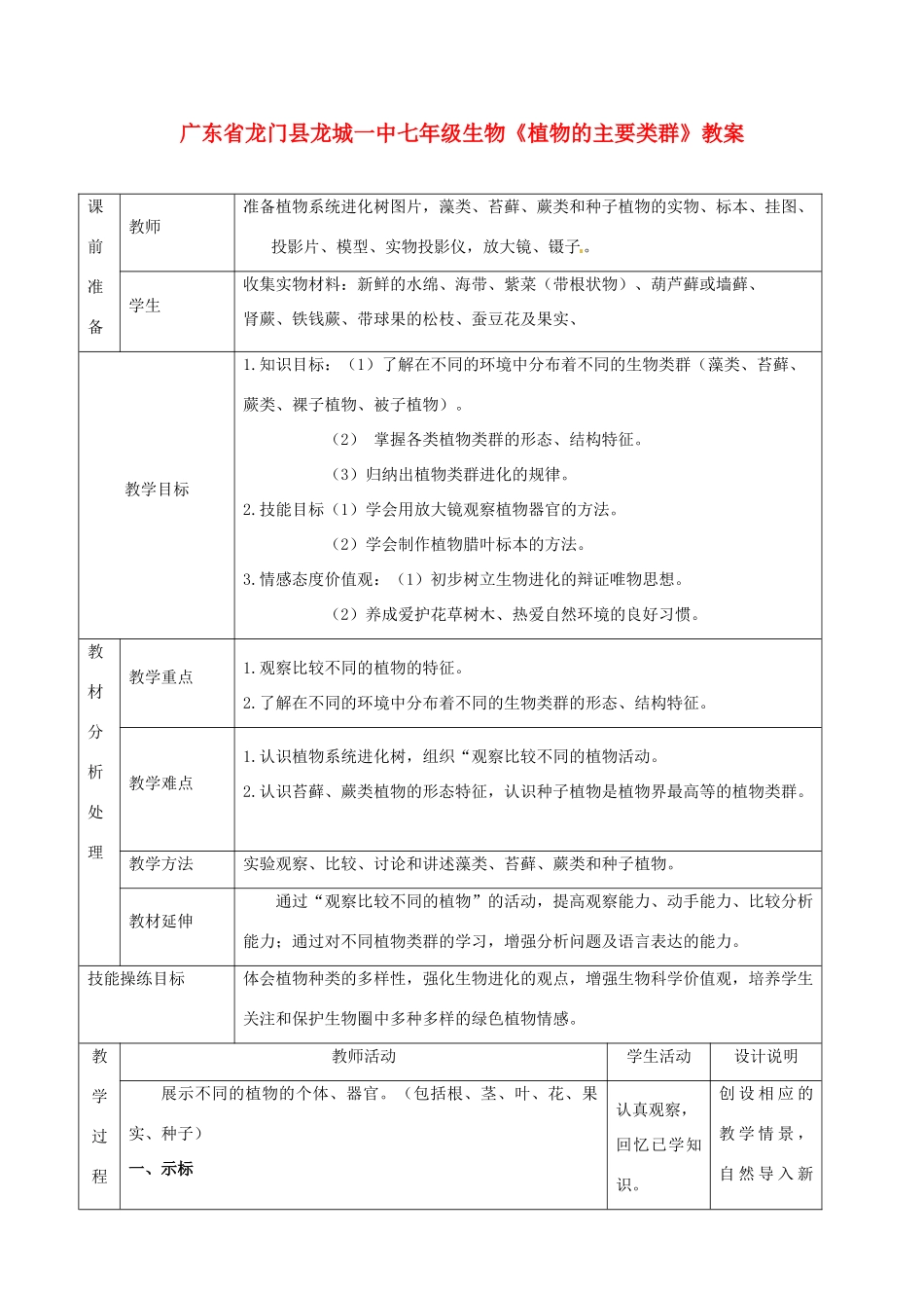 广东省龙门县龙城一中七年级生物《植物的主要类群》教案_第1页