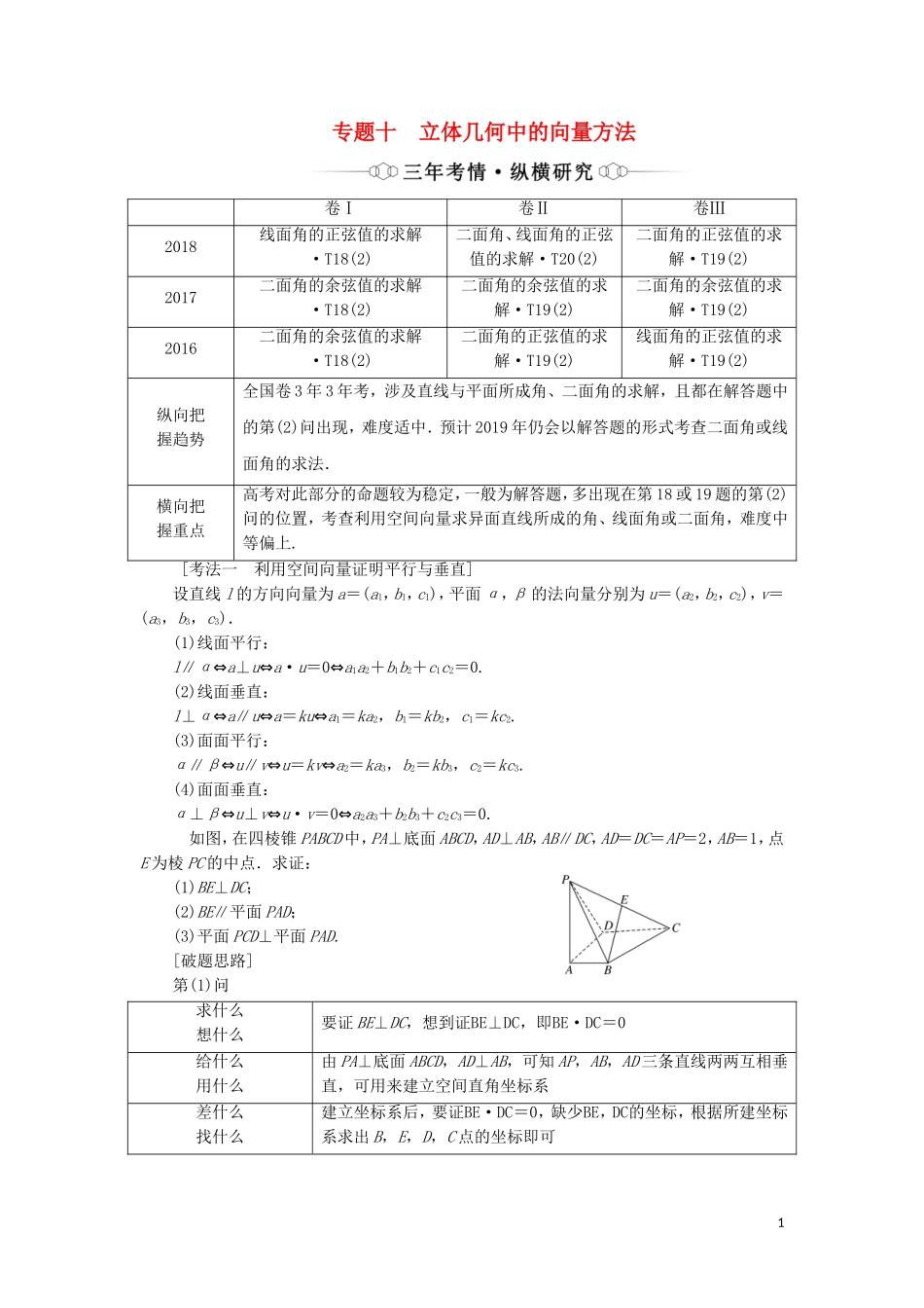 （通用版）高考数学二轮复习 第一部分 专题十 立体几何中的向量方法讲义 理（重点生，含解析）-人教版高三全册数学教案_第1页