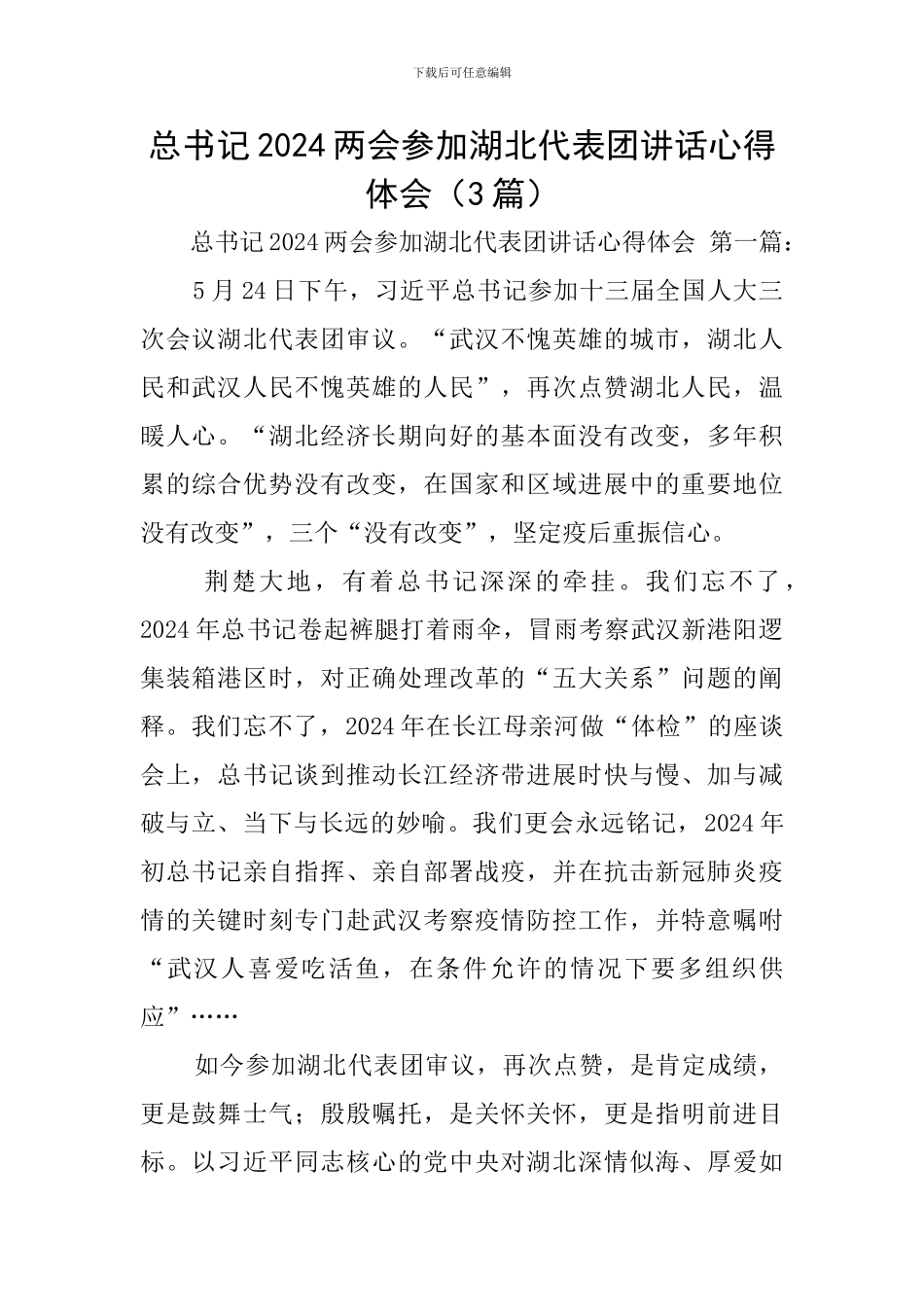 总书记2024两会参加湖北代表团讲话心得体会_第1页