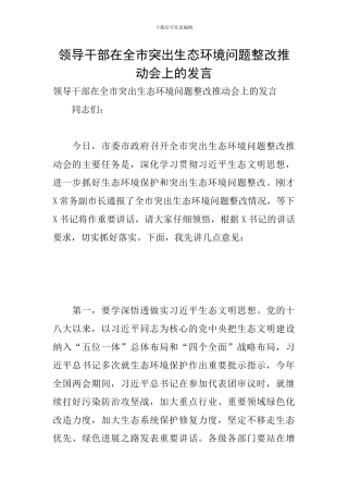 领导干部在全市突出生态环境问题整改推进会上的发言