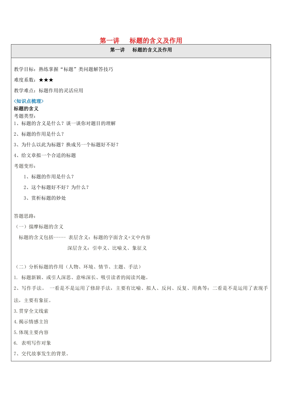 中考语文 记叙文答题技巧 第1讲 标题的含义及作用教案-人教版初中九年级全册语文教案_第1页