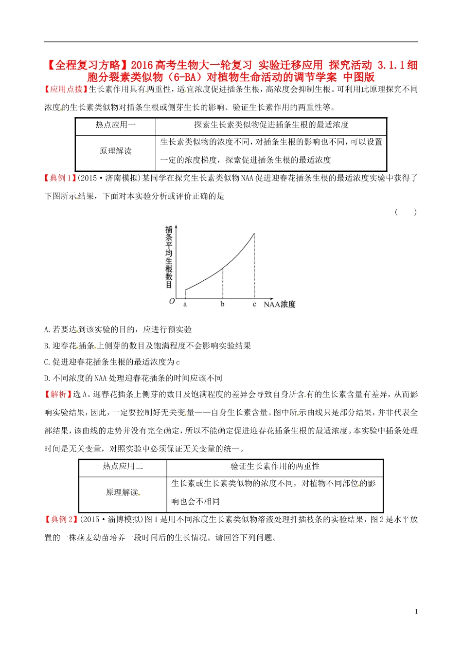高考生物大一轮复习 实验迁移应用 探究活动 3.1.1细胞分裂素类似物（6-BA）对植物生命活动的调节学案 中图版-中图版高三全册生物学案_第1页