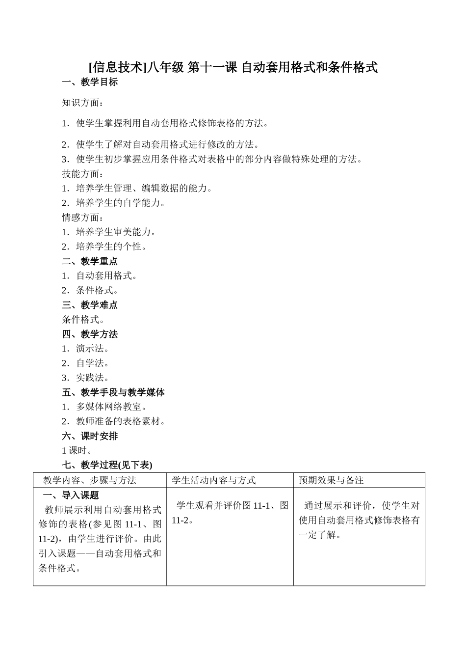 [初中信息技术]八年级 第十一课 自动套用格式和条件格式_第1页