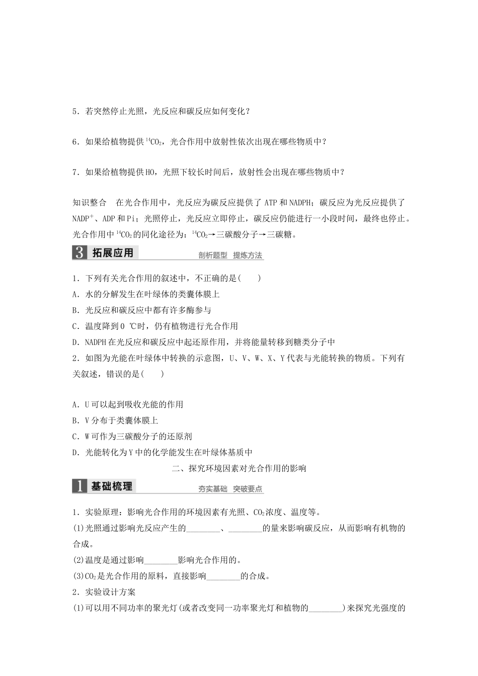 高中生物 3.5.2 光反应和碳反应、光照对光合作用的影响学案 浙科版必修1-浙科版高中必修1生物学案_第3页