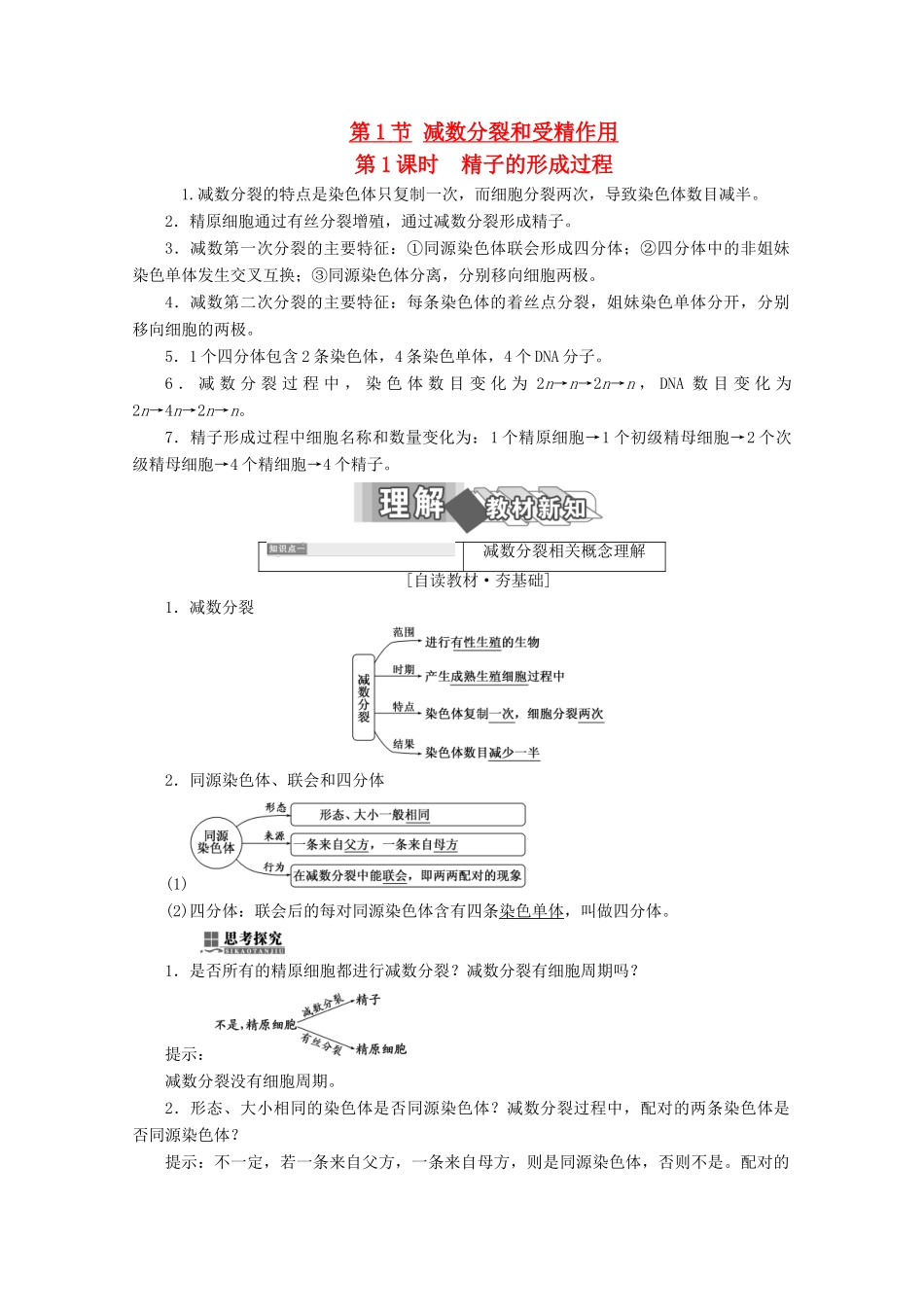 高中生物 第2章 基因和染色体的关系 第1节 减数分裂和受精作用（第1课时）精子的形成过程学案 新人教版必修2-新人教版高一必修2生物学案_第1页