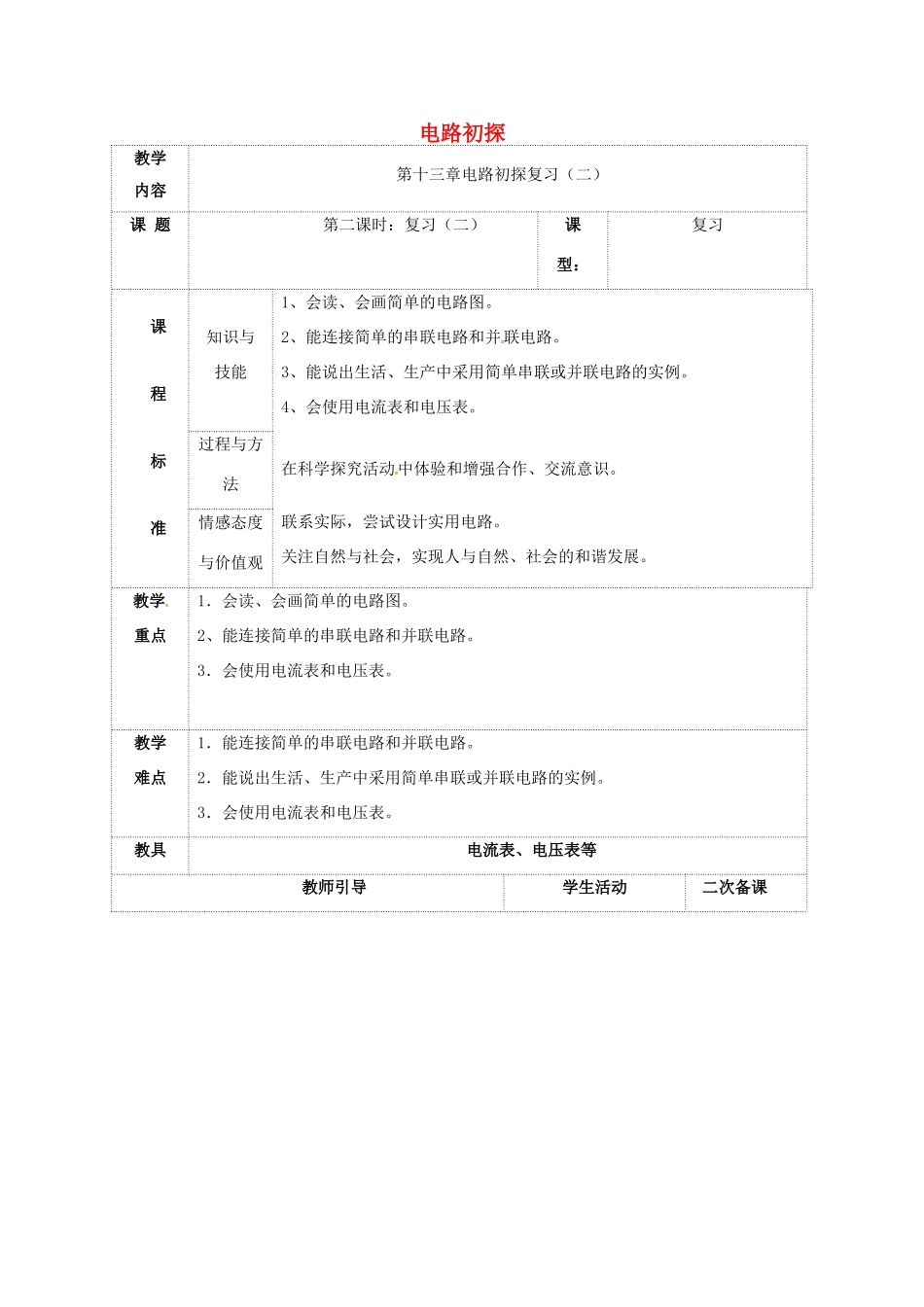 九年级物理上册 13 电路初探复习教案2 苏科版-苏科版初中九年级上册物理教案_第1页