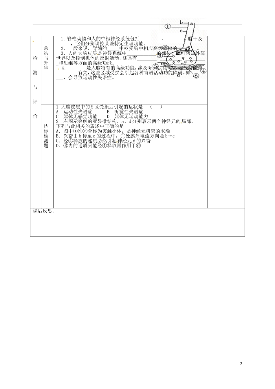 甘肃省金昌一中高中生物 第二章《通过神经系统的调节》导学案（2）新人教版必修3_第3页