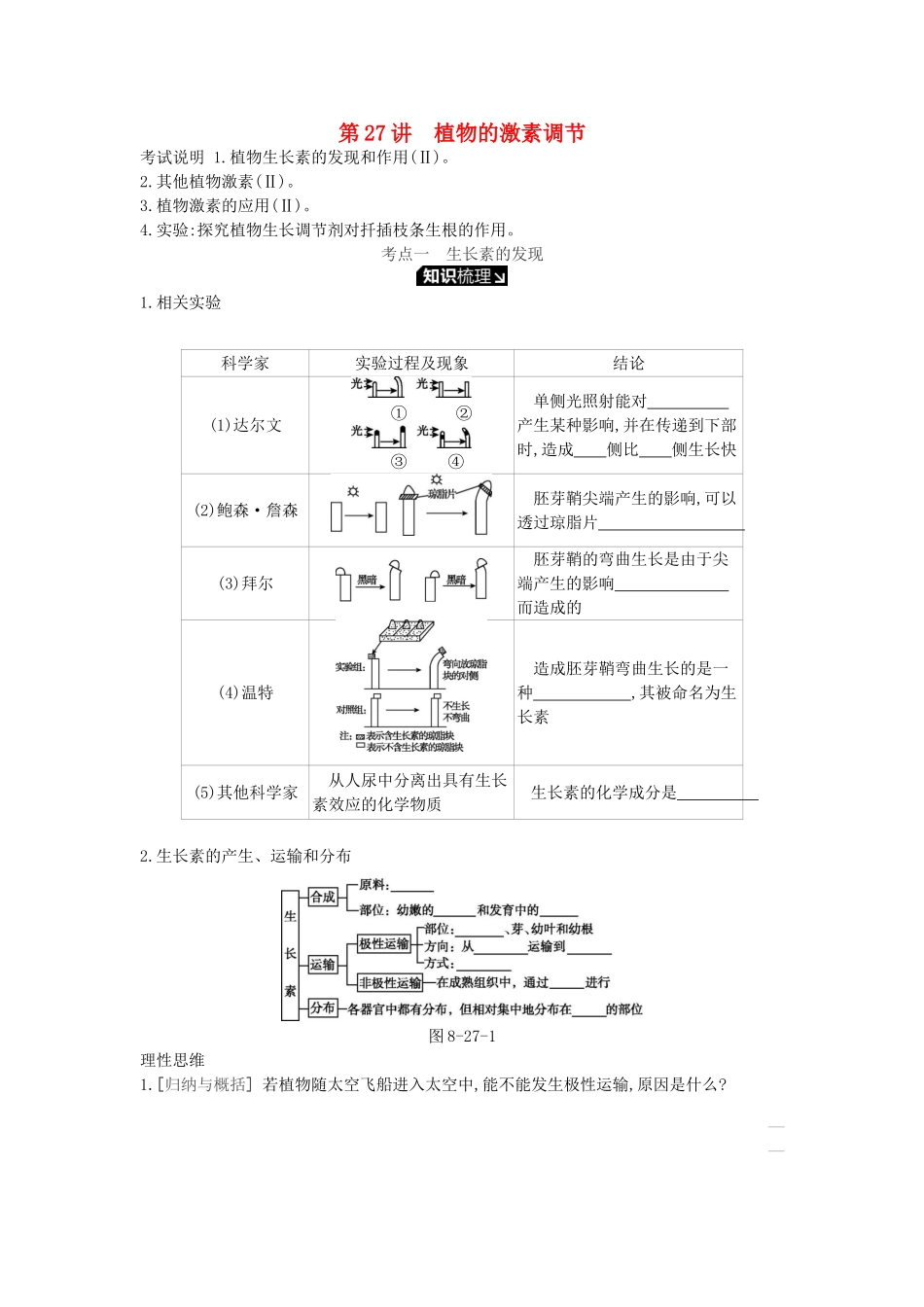 高考生物一轮复习 第8单元 生命活动的调节 第27讲 植物的激素调节学案 苏教版-苏教版高三全册生物学案_第1页