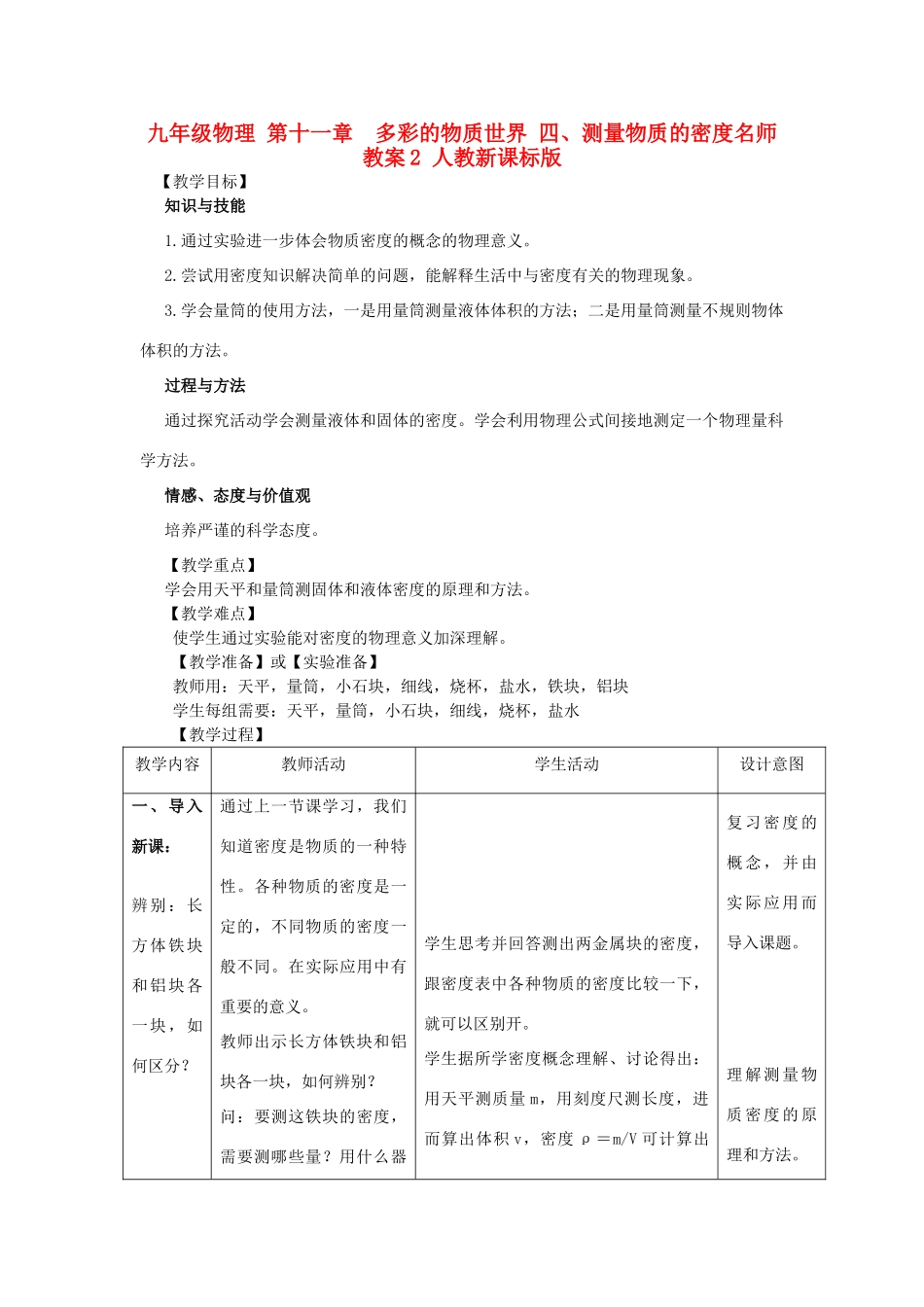 九年级物理 第十一章　多彩的物质世界 四、测量物质的密度名师教案2 人教新课标版_第1页