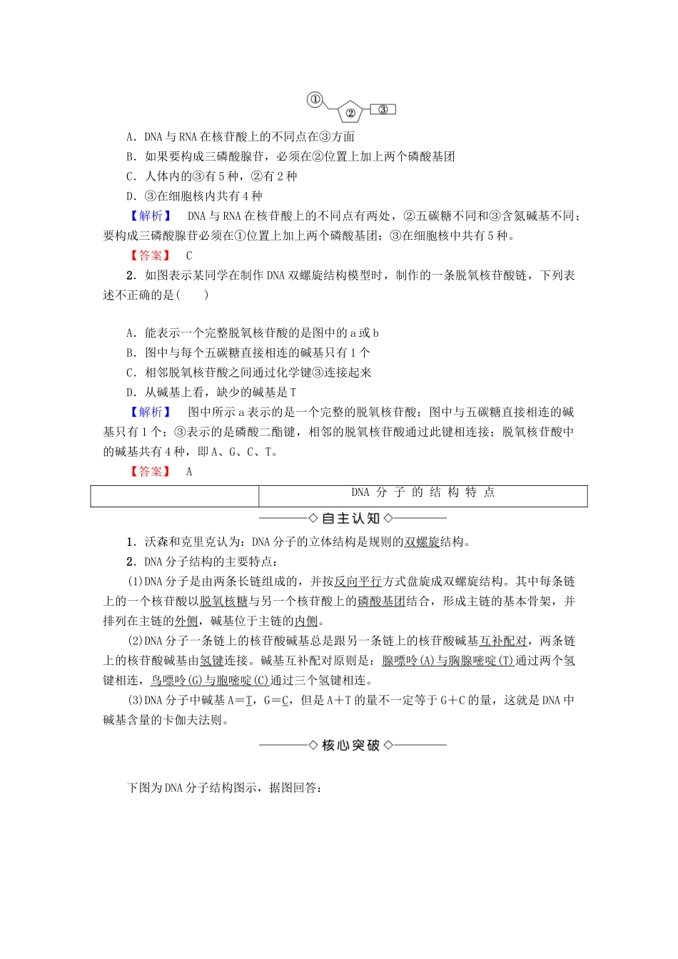高中生物 第3章 遗传的分子基础 第2节 DNA的分子结构和特点学案 浙科版必修2-浙科版高一必修2生物学案_第2页