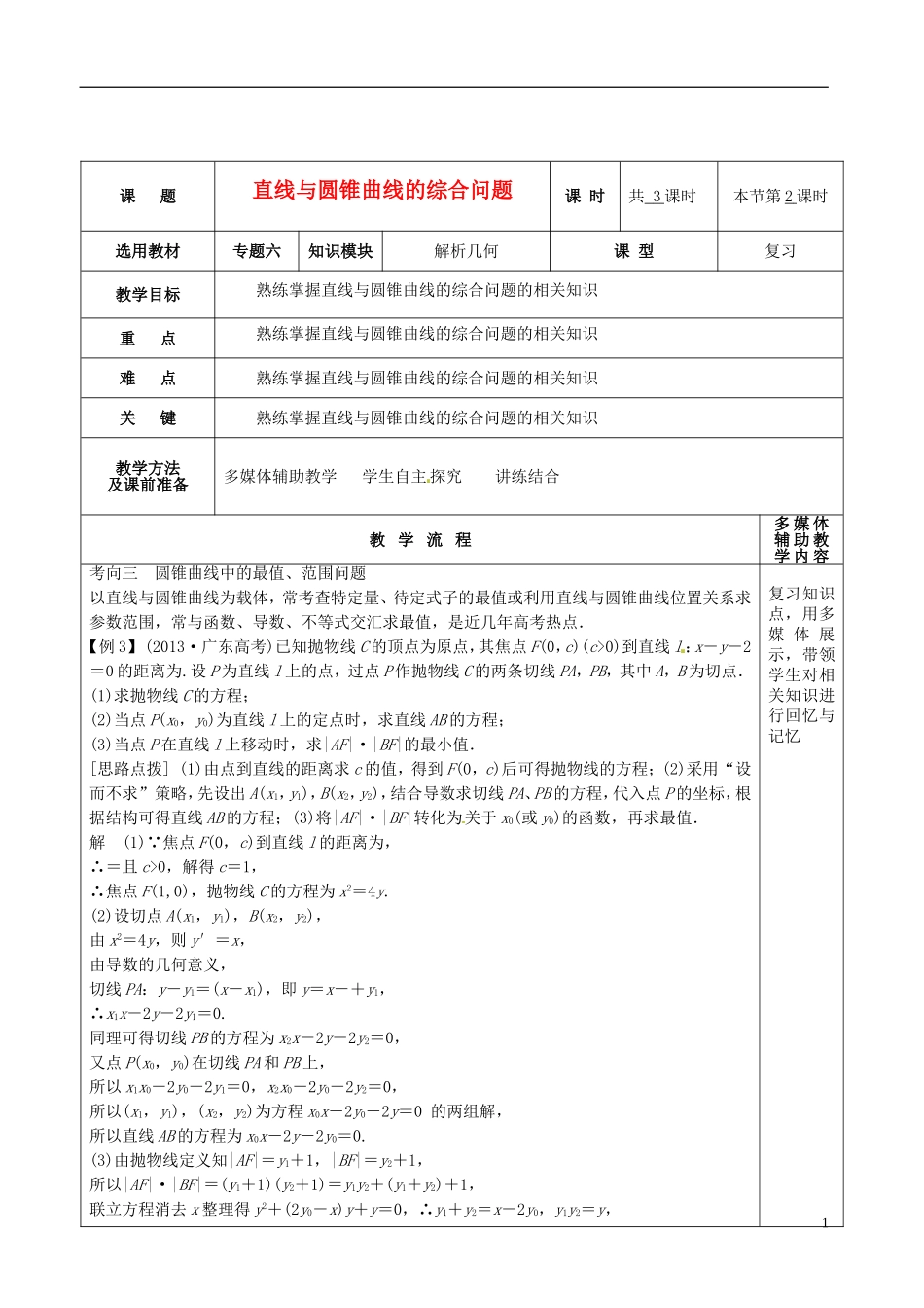 高三数学专题复习 1.6.3直线与圆锥曲线的综合问题教案（第2课时）-人教版高三全册数学教案_第1页