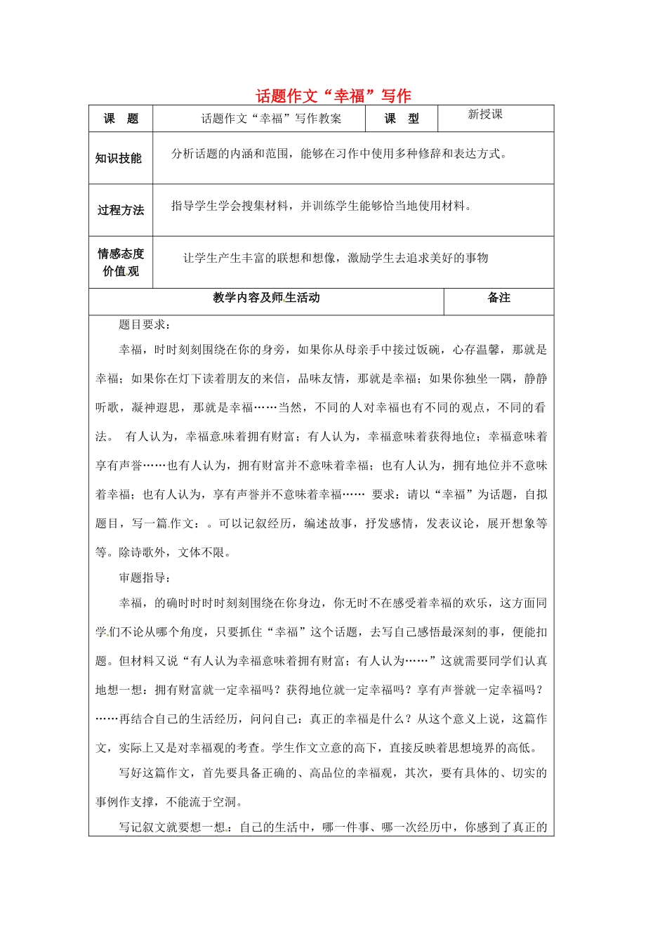 中考语文 话题作文“幸福”写作复习教案-人教版初中九年级全册语文教案_第1页