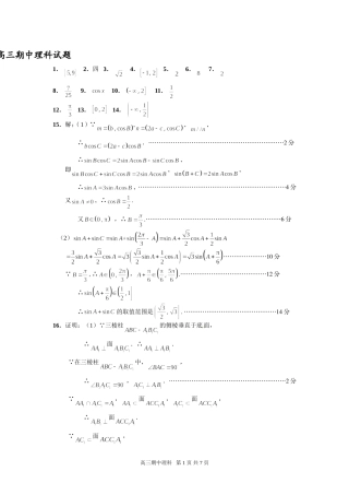 高三期中理科试题参考答案及评分标准