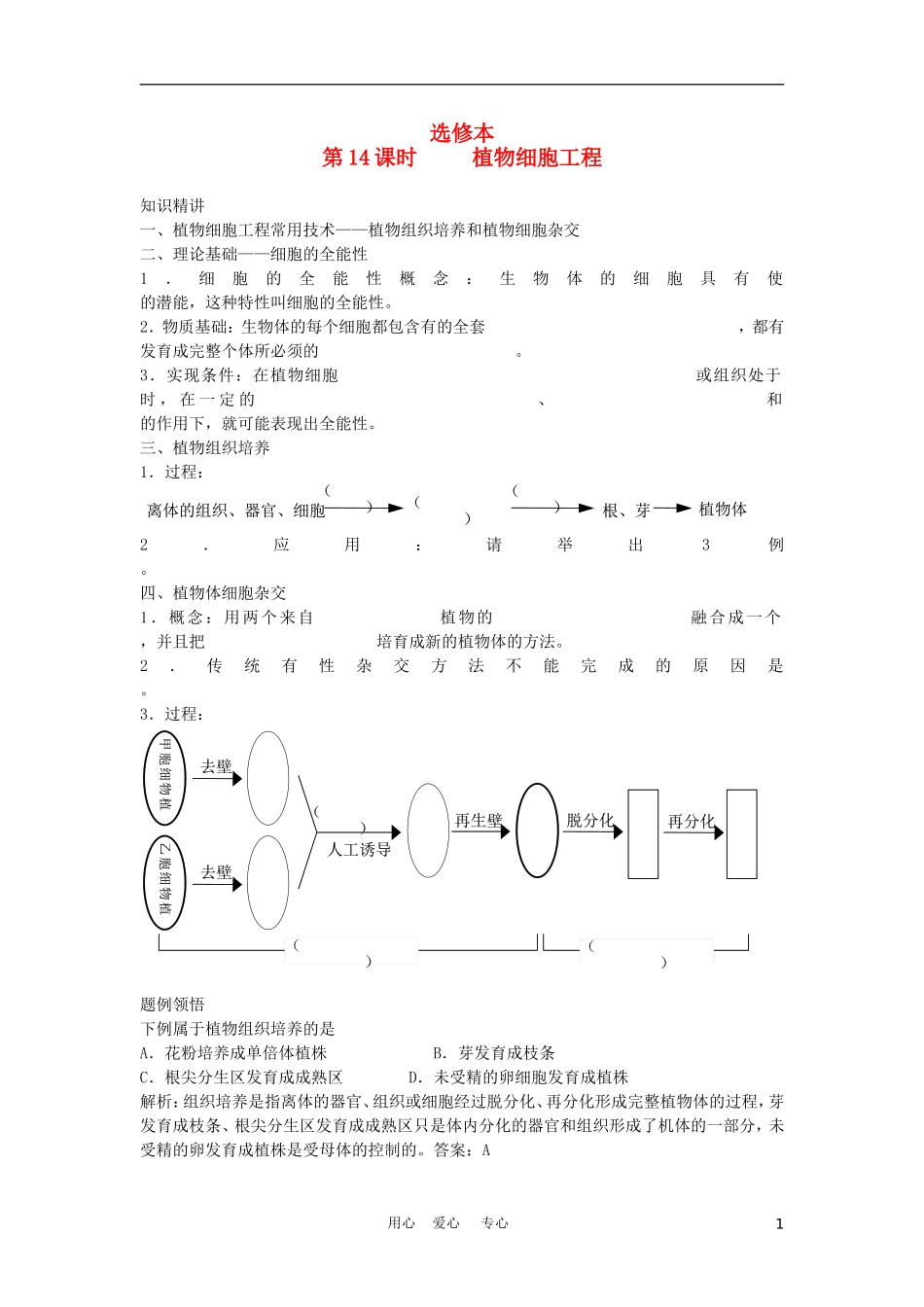 高二生物专题学案：植物细胞工程 旧人教版_第1页