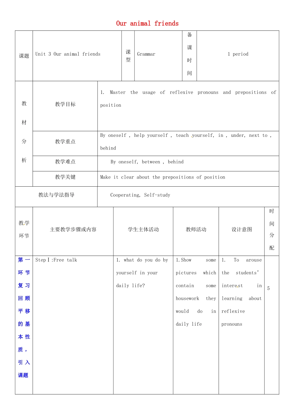 七年级英语下册 Module 2 Man’s best friends Unit 3 Our animal friends教案5 （新版）牛津深圳版-牛津深圳版初中七年级下册英语教案_第1页