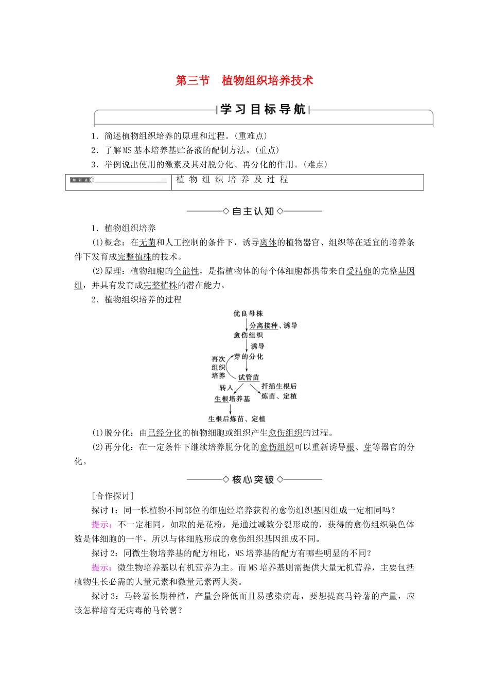 高中生物 第1章 无菌操作技术实践 第3节 植物组织培养技术学案 苏教版选修1-苏教版高二选修1生物学案_第1页