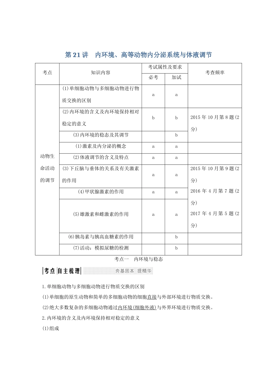 （浙江专版）高考生物一轮复习 第21讲 内环境、高等动物内分泌系统与体液调节学案-人教版高三全册生物学案_第1页
