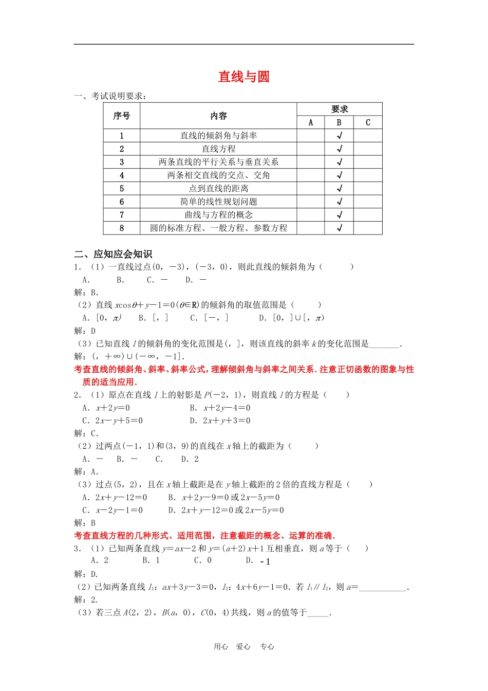 高三数学应知应会讲义十：直线与圆复习教案_第1页