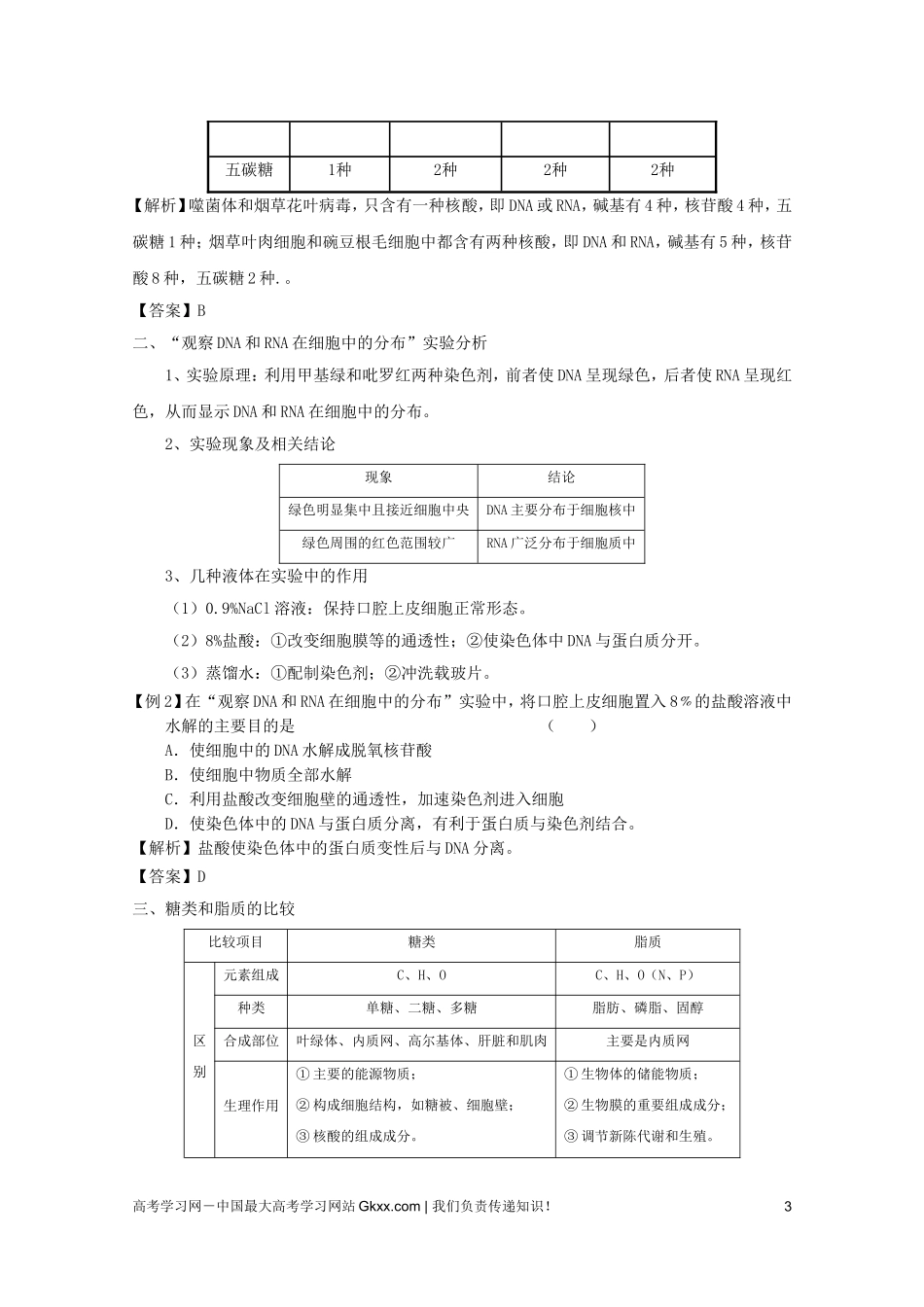 高考生物一轮复习 2.3 遗传信息的携带者—核酸、细胞中的糖类和脂质精品学案 新人教版必修1_第3页