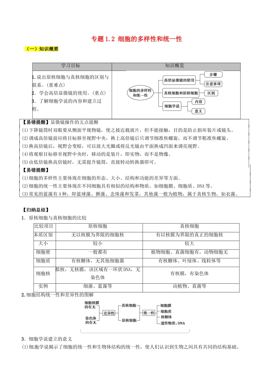 高中生物 第01章 走近细胞 专题1.2 细胞的多样性和统一性学案 新人教版必修1-新人教版高一必修1生物学案_第1页