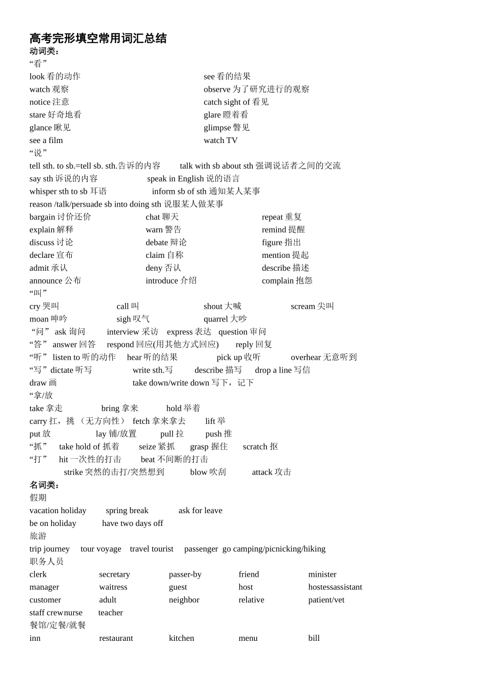 高考完形填空常用词汇总结_第1页