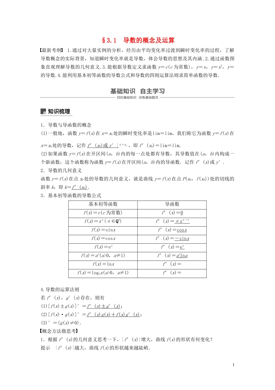 （鲁京津琼专用）高考数学大一轮复习 第三章 导数及其应用 3.1 导数的概念及运算教案（含解析）-人教版高三全册数学教案_第1页