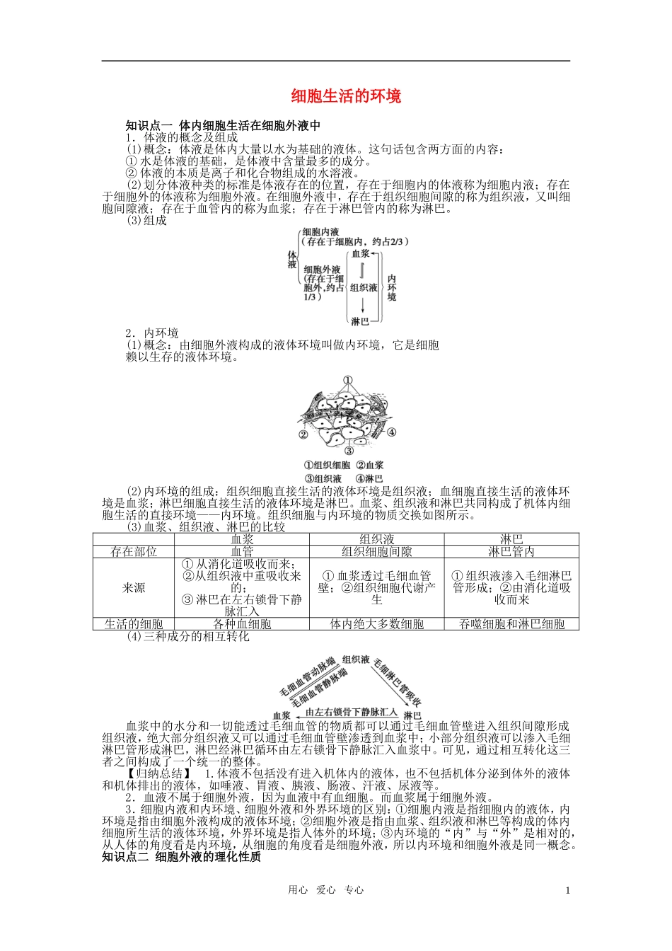 10-11学年高中生物 第一章人体的内环境与稳态第1节同步学案 新人教版必修3_第1页