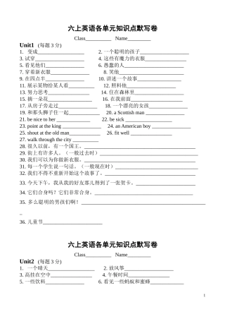 六上英语各单元知识点默写卷