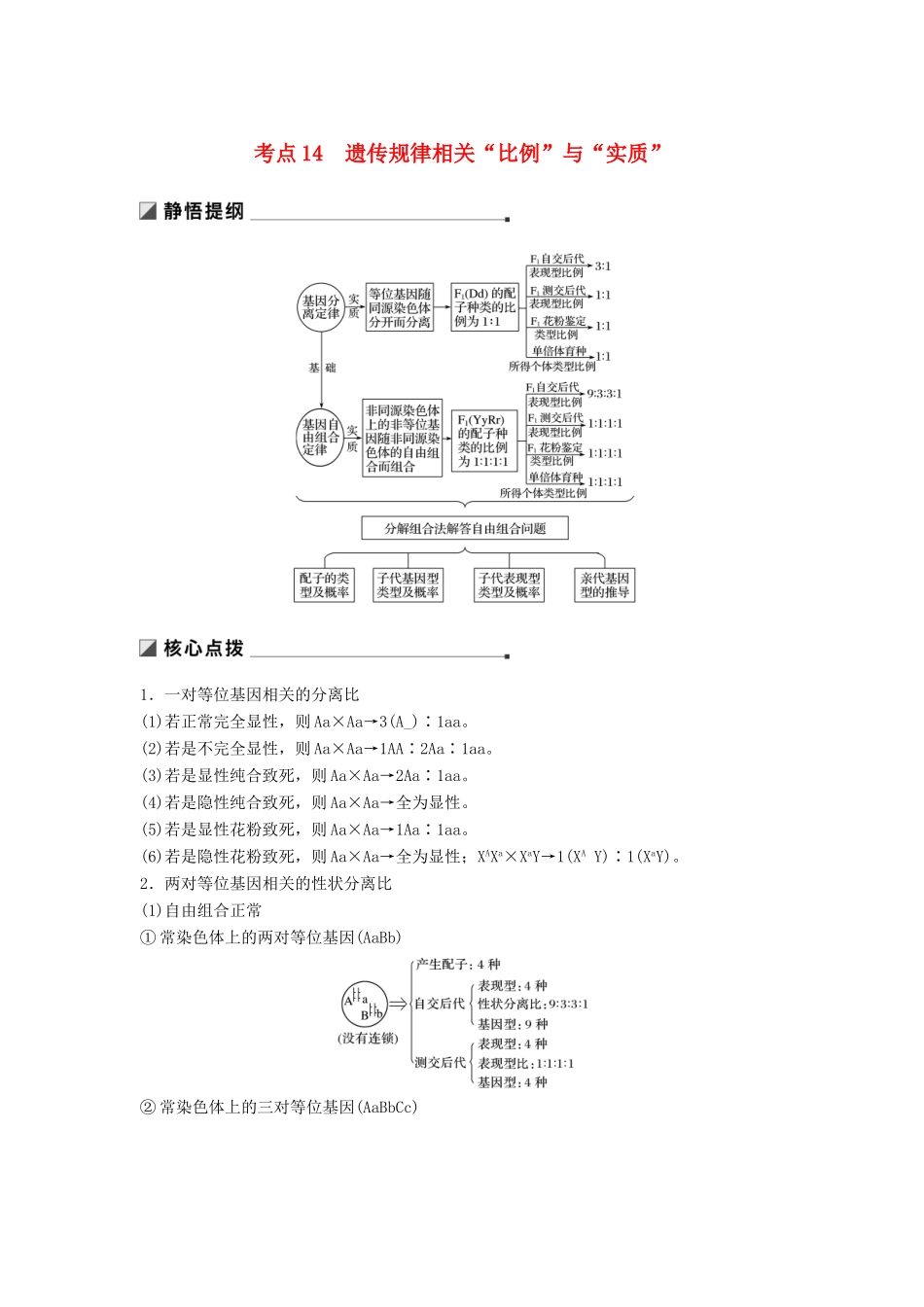 （江苏专用）高考生物二轮复习 专题五 基因的传递规律 考点14 遗传规律相关“比例”与“实质”学案-人教版高三全册生物学案_第1页