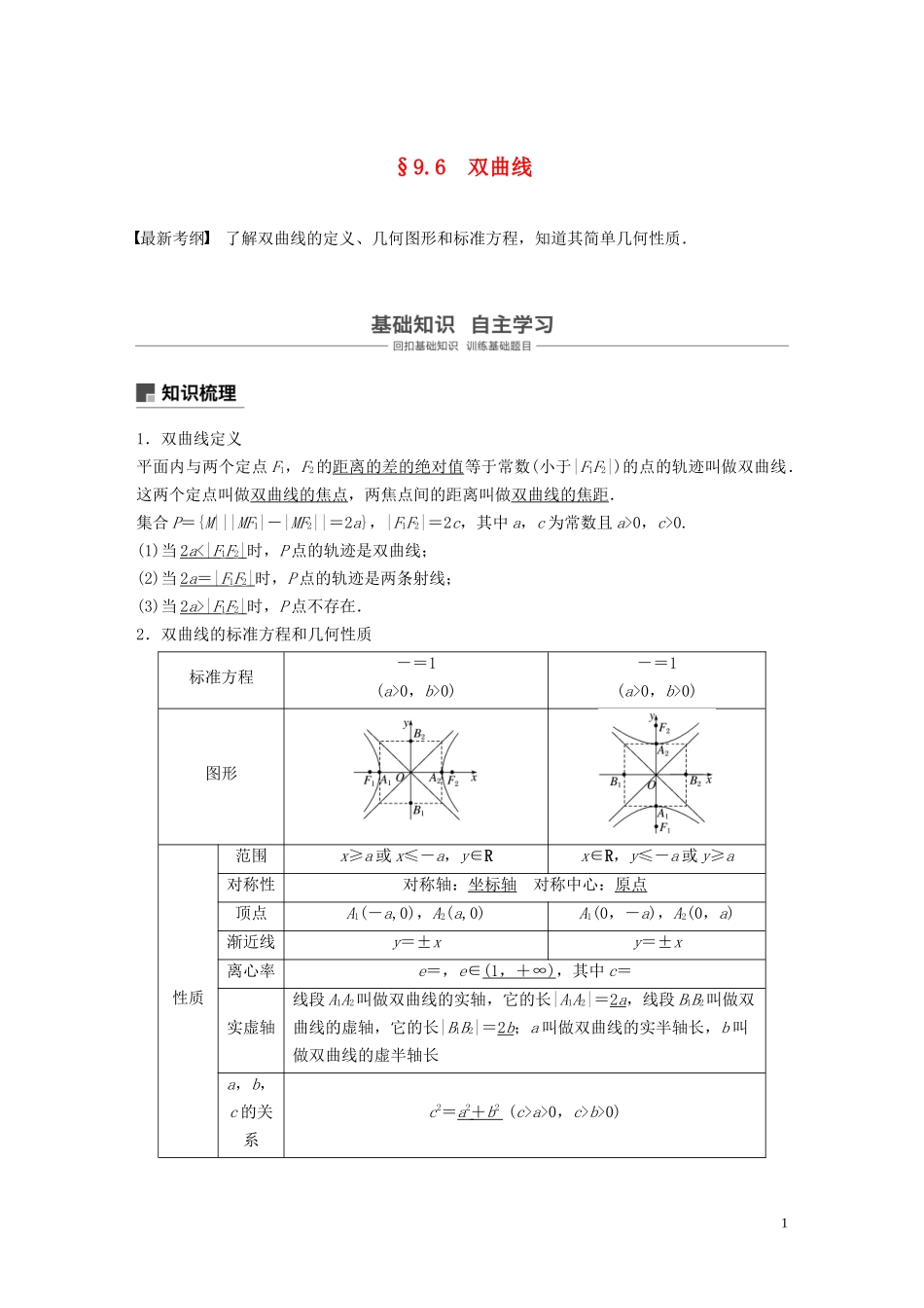 （鲁京津琼专用）高考数学大一轮复习 第九章 平面解析几何 9.6 双曲线教案（含解析）-人教版高三全册数学教案_第1页