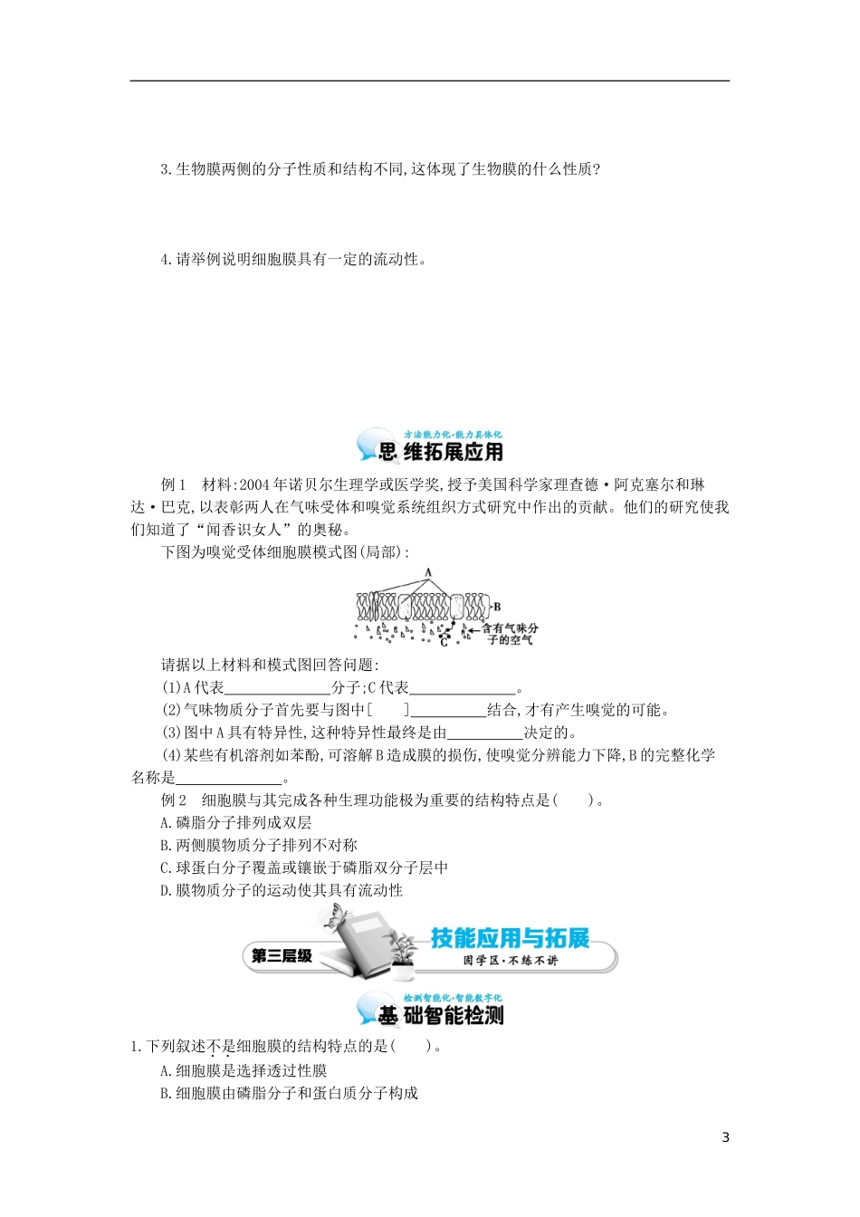 高中生物 第4章 第2节 生物膜的流动镶嵌模型导学案 新人教版必修1-新人教版高一必修1生物学案_第3页